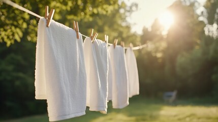 Towels drying on clothesline, sunny garden (1)