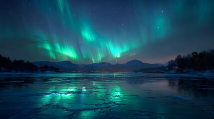 Naklejka premium Captivating display of the aurora borealis illuminates the night sky, creating ethereal green and turquoise light patterns over a frozen lake and surrounding landscape under a starry cosmos with...