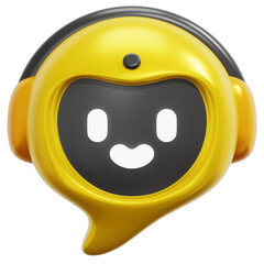 Three Dimensional Render of Glossy Yellow Chatbot with Headphones on Transparent Background