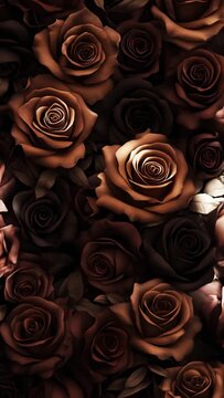 A dark bouquet of brown and black rose flowers with varying light, a nature concept for romance and beauty footage.