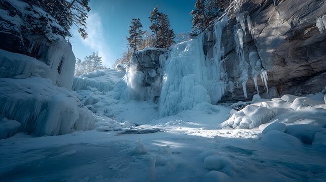 Majestic view showcases a frozen waterfall cascading down a rocky cliff face, surrounded by snow and ice formations, illuminated by bright sunlight in a serene winter landscape.