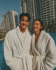 Asian couple in white bathrobes over swimwear standing by a luxury hotel poolside, romantic and stylish lifestyle travel scene with modern high-rise hotel background.