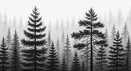 Obraz premium Dark pencil drawing depicts a forest of evergreen trees, showcasing a variety of sizes and shapes, while a foggy background creates a sense of depth and an atmospheric quality, with a monochromatic...