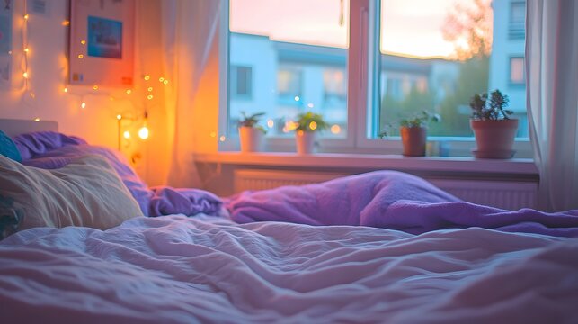 Cozy bedroom with soft lighting and plants on window sill, creating a serene atmosphere