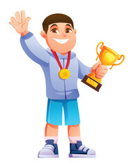 Cheerful young boy champion holding a golden trophy and medal while waving happily. Vector cartoon illustration