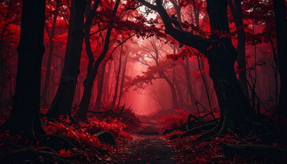 Atmospheric photo of a dark red forest, eerie lighting, and creepy surreal ambiance, evoking fantasy or horror vibes in a moody autumn landscape.