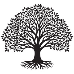 Majestic silhouette of a large deciduous tree with intricate branches and exposed roots against a white background