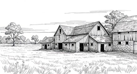 Detailed monochrome pen and ink illustration presents a rural landscape scene featuring an old wooden barn complex.