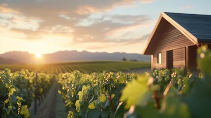 Vineyard sunset, winery cabin, rural landscape