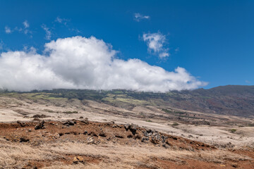 Hawaii Route 31 / Pi'ilani Highway, island of Maui, Hawaii. Haleakalā / East Maui Volcano, is a shield volcano. Lava flows, Kula Volcanics

