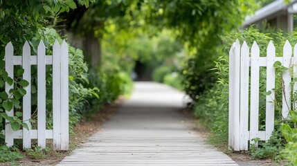 Walkway, garden, white fence, summer, green, path, peaceful, nature, serenity, stock photo