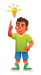 Cheerful young boy raises his finger indicating a sudden and brilliant idea with a lightbulb above his head. He looks energetic and happy. Vector cartoon illustration