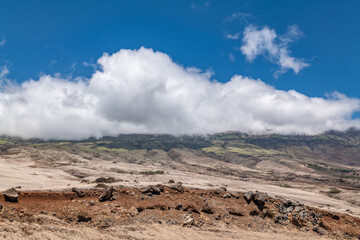 Hawaii Route 31 / Pi'ilani Highway, island of Maui, Hawaii. Haleakalā / East Maui Volcano, is a shield volcano. Lava flows, Kula Volcanics

