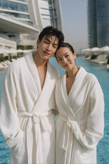 Asian couple in white bathrobes over swimwear standing by a luxury hotel poolside, romantic and stylish lifestyle travel scene with modern high-rise hotel background.
