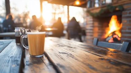 Warm drink, sunset cafe, fire, winter