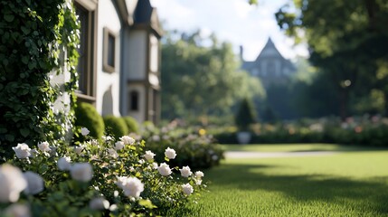 White roses garden, manor house background, sunny day, estate sale
