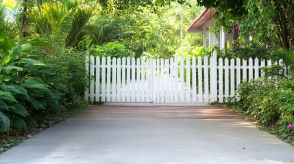 White picket gate, tropical garden, driveway. Home entrance, peaceful scene, stock photo