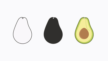 Vector art of three avocado icons in a row, one outline, one silhouette, one colored