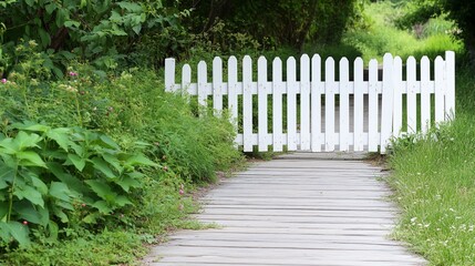White picket fence path garden walkway