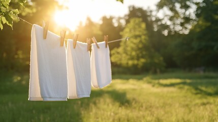 White towels drying on clothesline, sunset, outdoors, nature