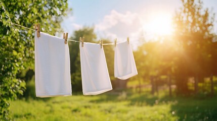 White towels drying outdoors, sunny day, green background, summer freshness, home laundry