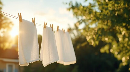 White towels drying outdoors at sunset