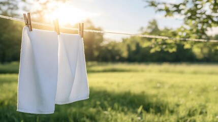 White towels drying on clothesline, sunny field