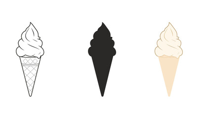 Vector art of ice cream cone illustration set featuring outline, silhouette, and color