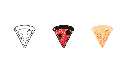 Vector art of three pizza slices in different styles, outline, silhouette, and color