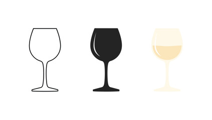 Vector art of three wine glass icons, outline, silhouette, and color version