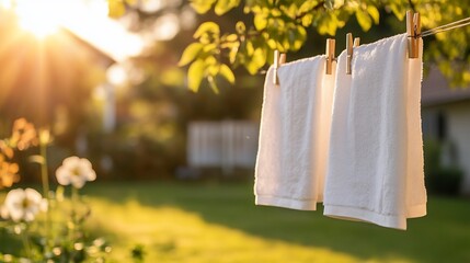 White towels drying outdoors, sunset garden