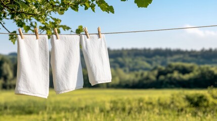 White towels drying outdoors, sunny rural landscape