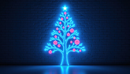Glowing blue neon Christmas tree with pink ornaments stands against dark brick wall, creating festive and vibrant atmosphere. star on top adds cheerful touch to holiday spirit