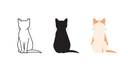 Vector art of three cat illustrations in different styles line art, silhouette and color