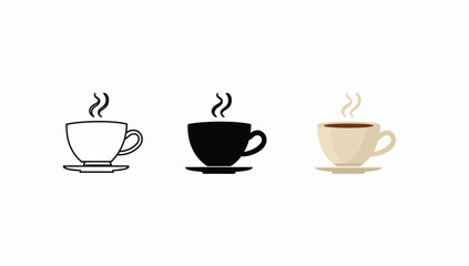 Vector art of three cups of coffee, in different styles outline, silhouette, and color
