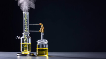 Steam distillation apparatus extracting essential oil from fresh plant material in glass laboratory setup with dark background.