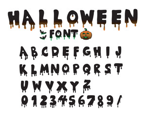Halloween themed font with letters and numbers. Transparent background.