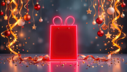 Vibrant red gift bag illuminated with neon light stands at center, surrounded by festive decorations like golden ribbons, colorful ornaments, and sparkling confetti, creating joyful atmosphere