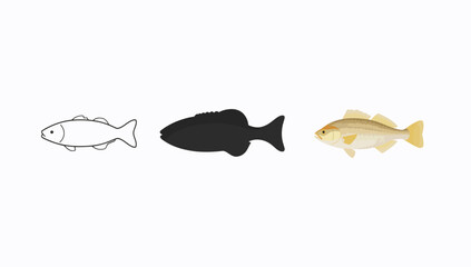Vector art of fish icons in different styles, line, solid and color version