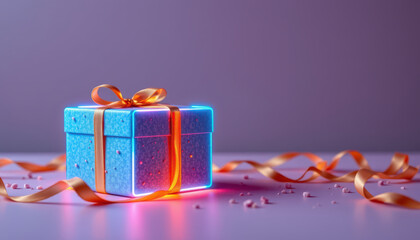 Vibrant gift box with cyan neon accents and orange ribbon sits elegantly on soft surface, surrounded by scattered confetti, evoking sense of celebration and joy