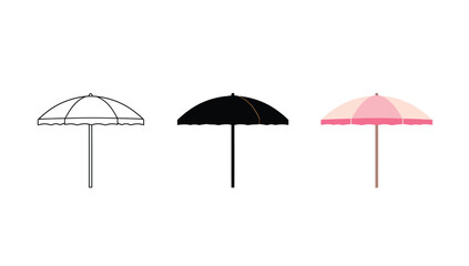 Vector art of three beach umbrellas in different styles outline, silhouette, and color