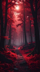 Atmospheric photo of a dark red forest, eerie lighting, and creepy surreal ambiance, evoking fantasy or horror vibes in a moody autumn landscape.