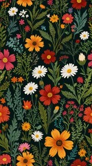 Vibrant floral pattern with red yellow and white flowers on a dark background