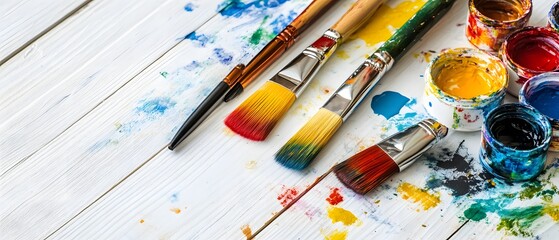 Vibrant Paint Brushes and Colorful Paint Pots on White Wood
