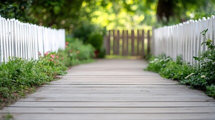 Wooden path, garden gate, white fence, green plants, summer