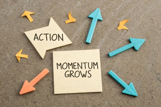 Colorful arrows and notes emphasize the concept of growing momentum and action