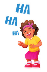 Little girl with dark, curly hair is standing and laughing heartily, holding her stomach. Concept of joy and humor. Vector cartoon illustration