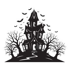 Spooky silhouette of a haunted mansion with bare trees and flying bats against a white background for halloween