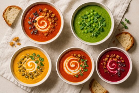 Gourmet assortment of colorful soups garnished with herbs nuts and seeds styled in ceramic bowls on rustic table photographed top down for appetizing culinary appeal
