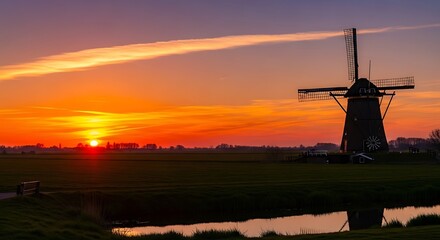 Dutch Windmill Sunrise Landscape.